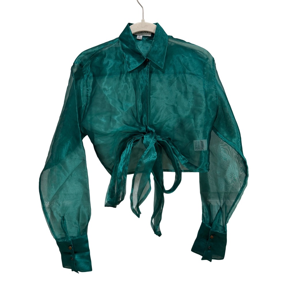Vintage Guess Sheer Organza Tie Front Crop Top Emerald Green 90s Y2K Small